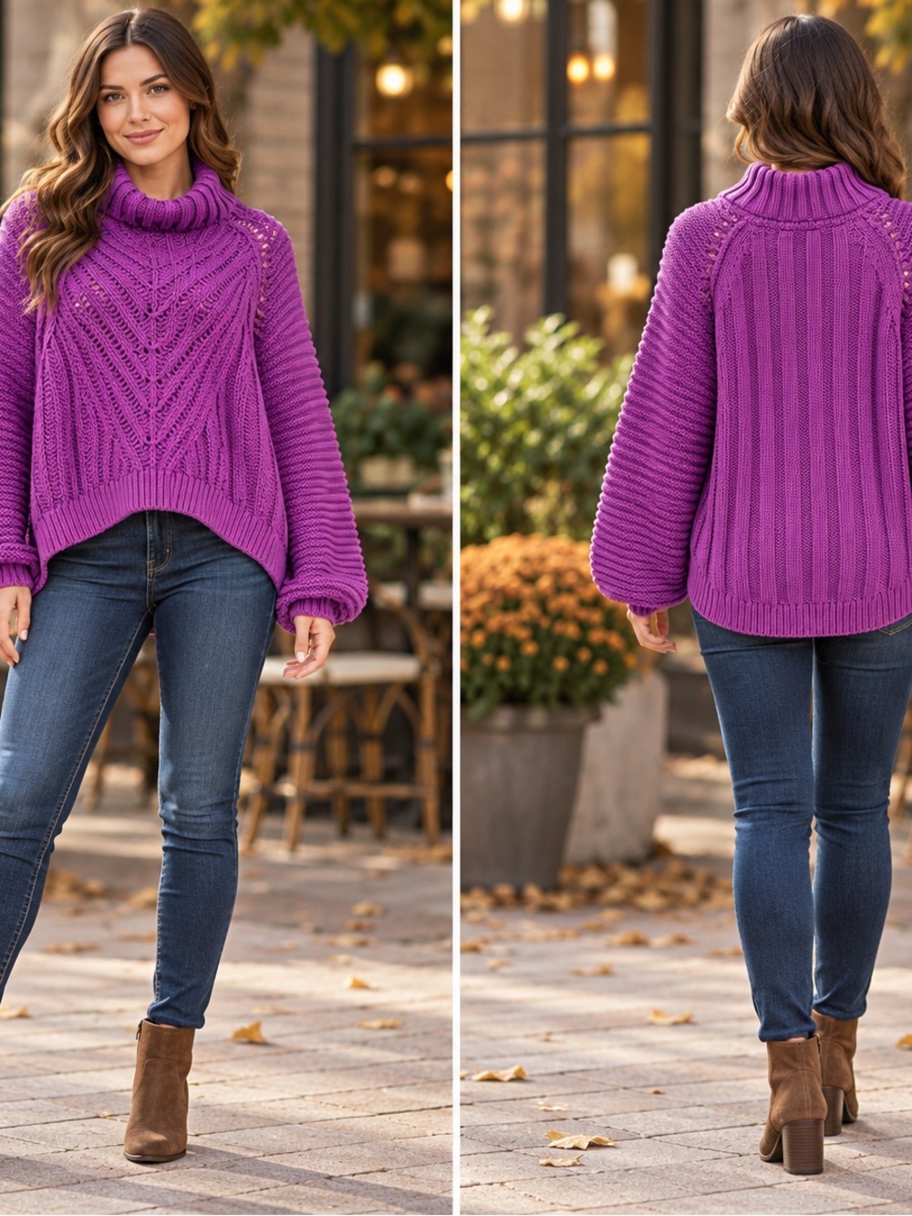 Free People Purple Chunky Knit Turtleneck High-Low Sweater – XL